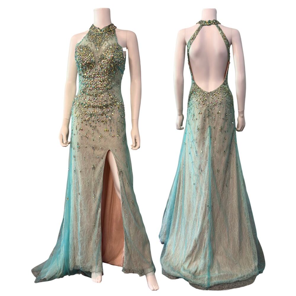 GiGi Aqua Sequin Mermaid Halter Gown Sequin Rhinestone Lace Size 2 Fairy Dress